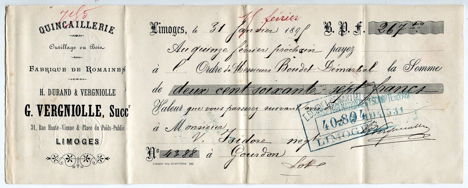 TRAITE 1895 QUINCAILLERIE FABRIQUE DE ROMAINE G VERGNIOLLE LIMOGES CACHET FISCAL 121488332723