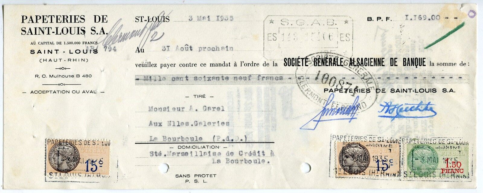 TRAITE 1935 PAPETERIES DE SAINT LOUIS SA TIMBRE FISCAL 121488221653