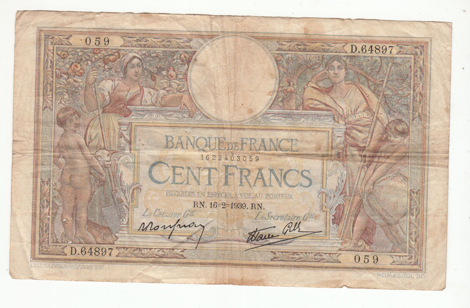 BILLET FRANCE 100 FRANCS MERSON 16 2 1939 RN 401297863484