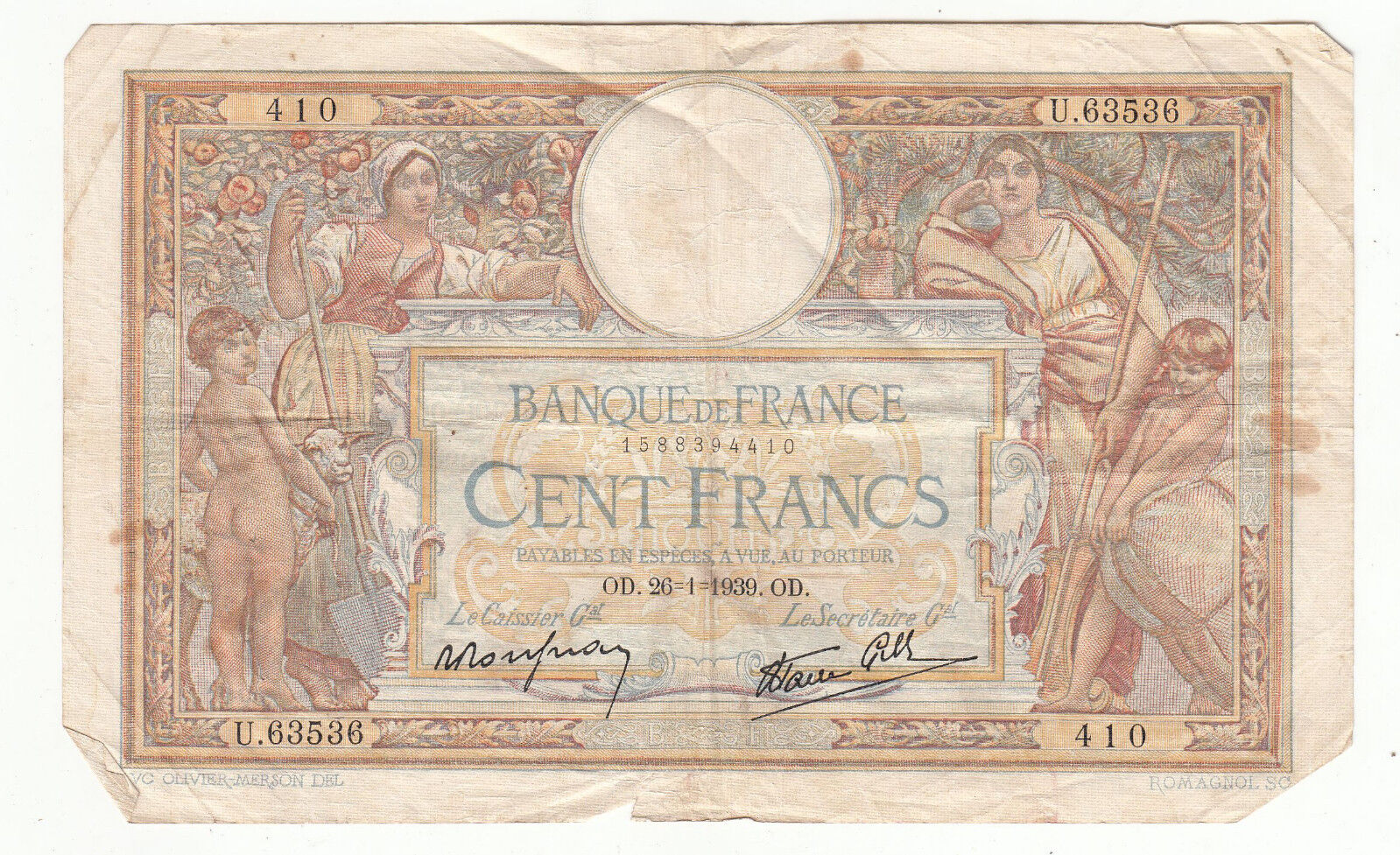 BILLET FRANCE 100 FRANCS MERSON 26 1 1939 OD 122386869194