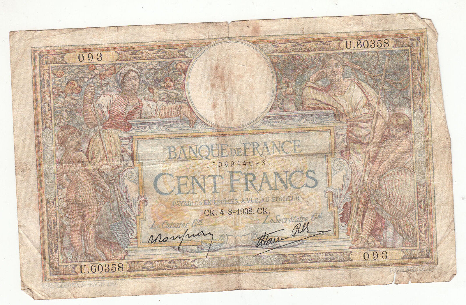 BILLET FRANCE 100 FRANCS MERSON 4 8 1938 CK 401287389494