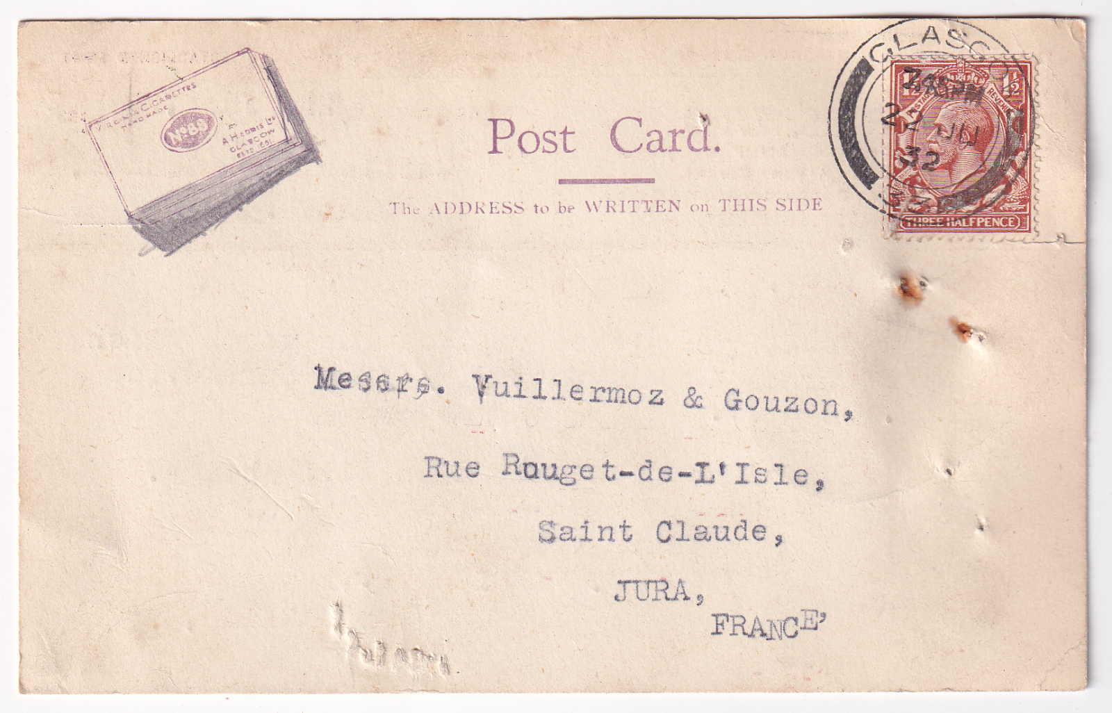 CARTE LETTRE PUBLICITAIRE GRANDE BRETAGNE POUR ST CLAUDE 1932 403424555304