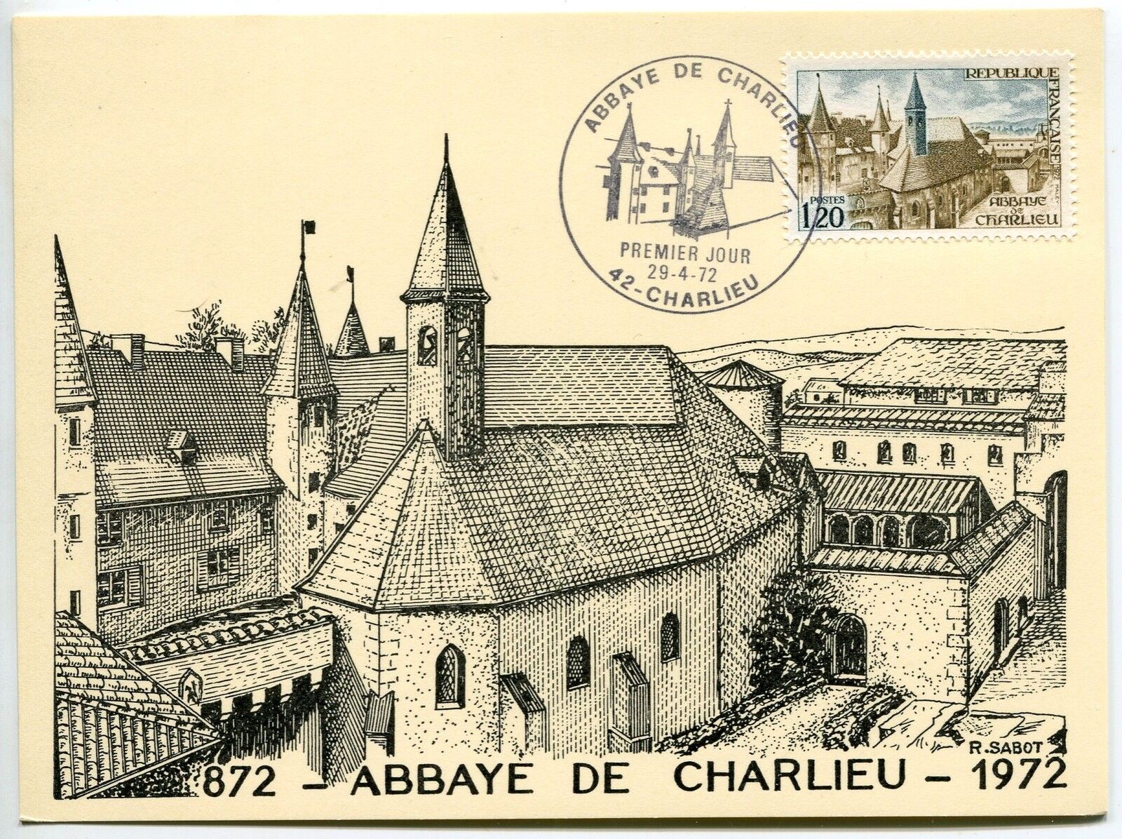 CARTE MAXIMUM ABBAYE DE CHARLIEU 42 CHARLIEU 1972 ILLUSTRATEUR SABOT 400736192884