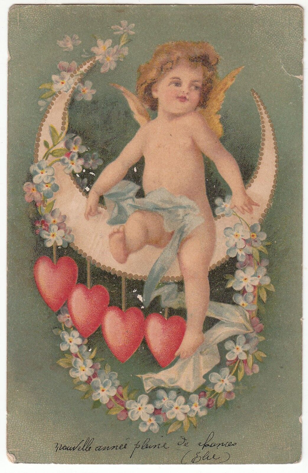 CARTE POSTALE FANTAISIE ANGE SUR CROISSANT DE LUNE COEUR 401057236214