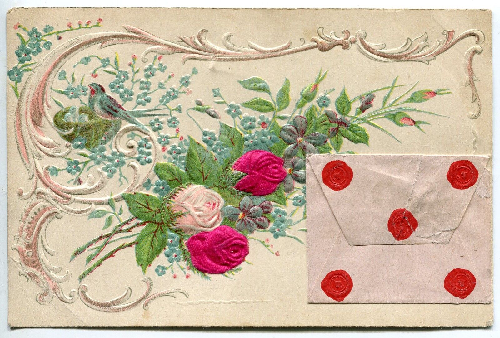 CARTE POSTALE FANTAISIE GAUFFRE OISEAUX FLEUR 400806396304