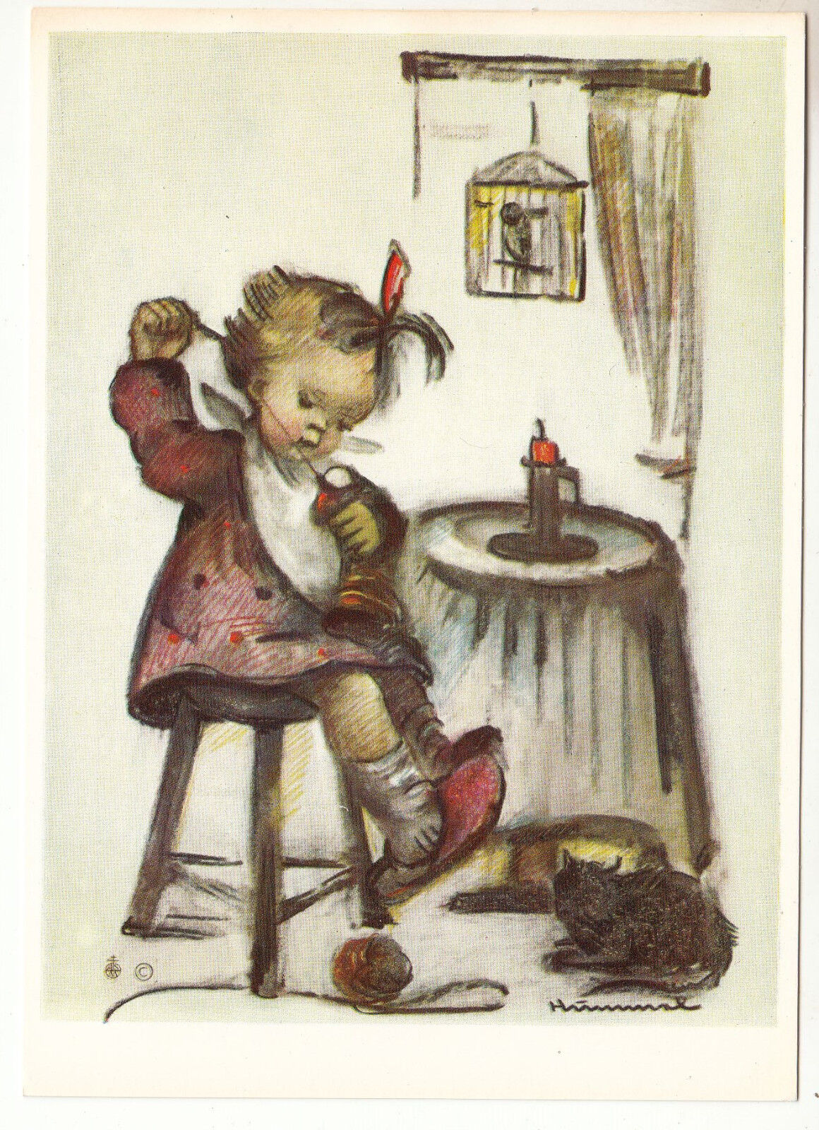 CARTE POSTALE ILLUSTRATEUR HUMMEL  N° 5438  ENFANT JEUNE FILLE REPRISE CHAUSETTE