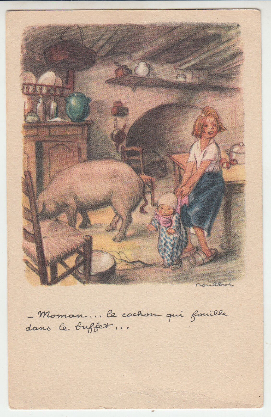 CARTE POSTALE ILLUSTRATEUR POULBOT ENFANTS ET COCHON DANS LA MAISON 123558533264