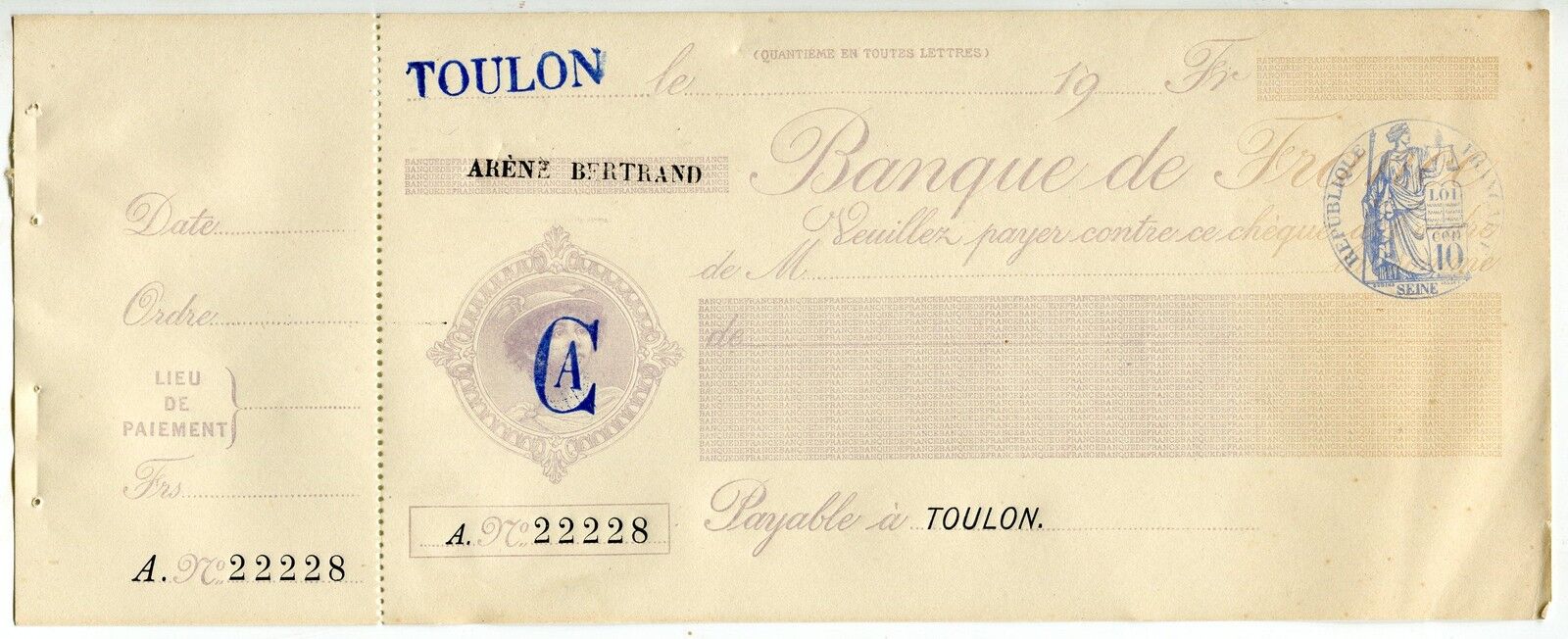 CHEQUE DE LA BANQUE DE FRANCE 1900 DE TOULON CACHET 10 CEN 400776858114