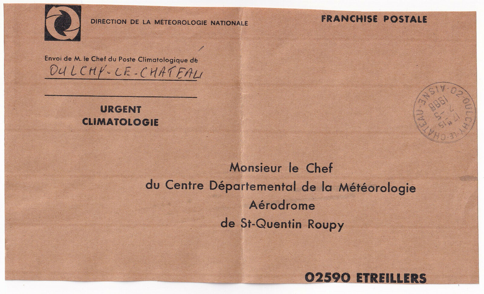 DEVANT DE LETTRE METEROLOGIE OULCHY LE CHATEAU AERODROME DE ST QUENTIN 1988 403396474744