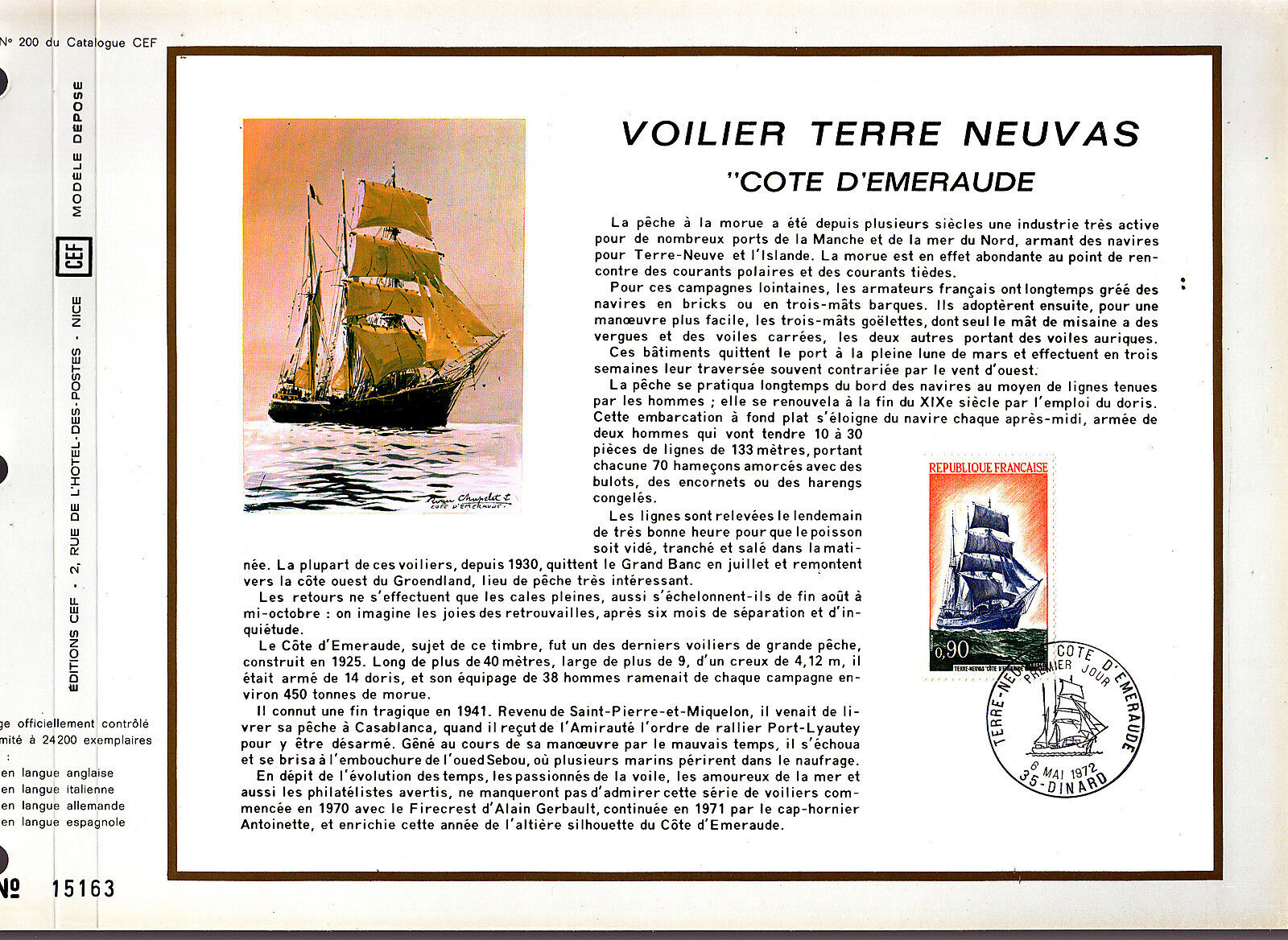 DOCUMENT CEF PREMIER JOUR 1972 VOILIER TERRE NEUVAS 400421670884