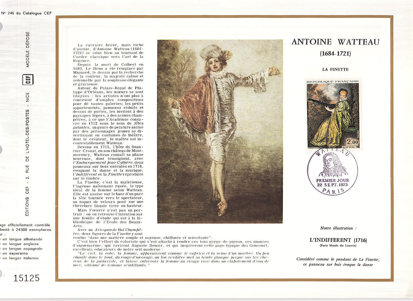 DOCUMENT CEF PREMIER JOUR 1973 ANTOINE WATTEAU 400421679144