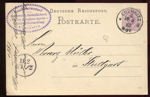 ENTIER POSTALE DEUTSCHE REICHSPOST CHEMNITZ 1883 120683545194