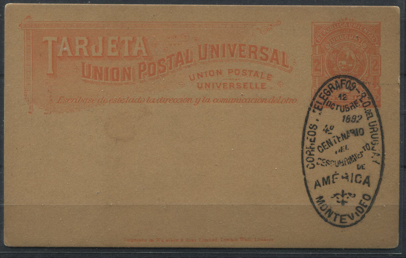 ENTIER POSTALE  REPUBLIQUE ORIENTALE DE L URUGUAY TELEGRAPHE 1892
