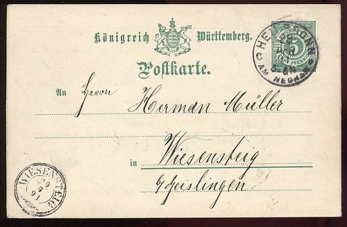 ENTIER POSTALE WURTTEMBERG HELL BRONN 1891 120684048654