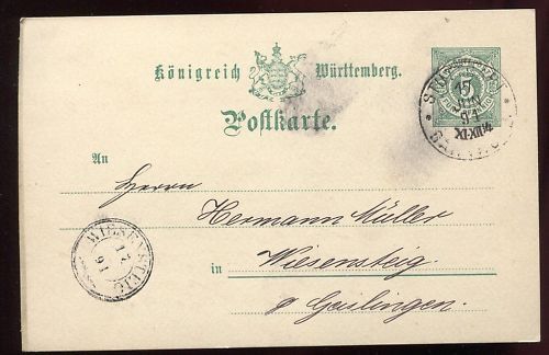 ENTIER POSTALE WURTTEMBERG STUTTGART 1891 110649200964