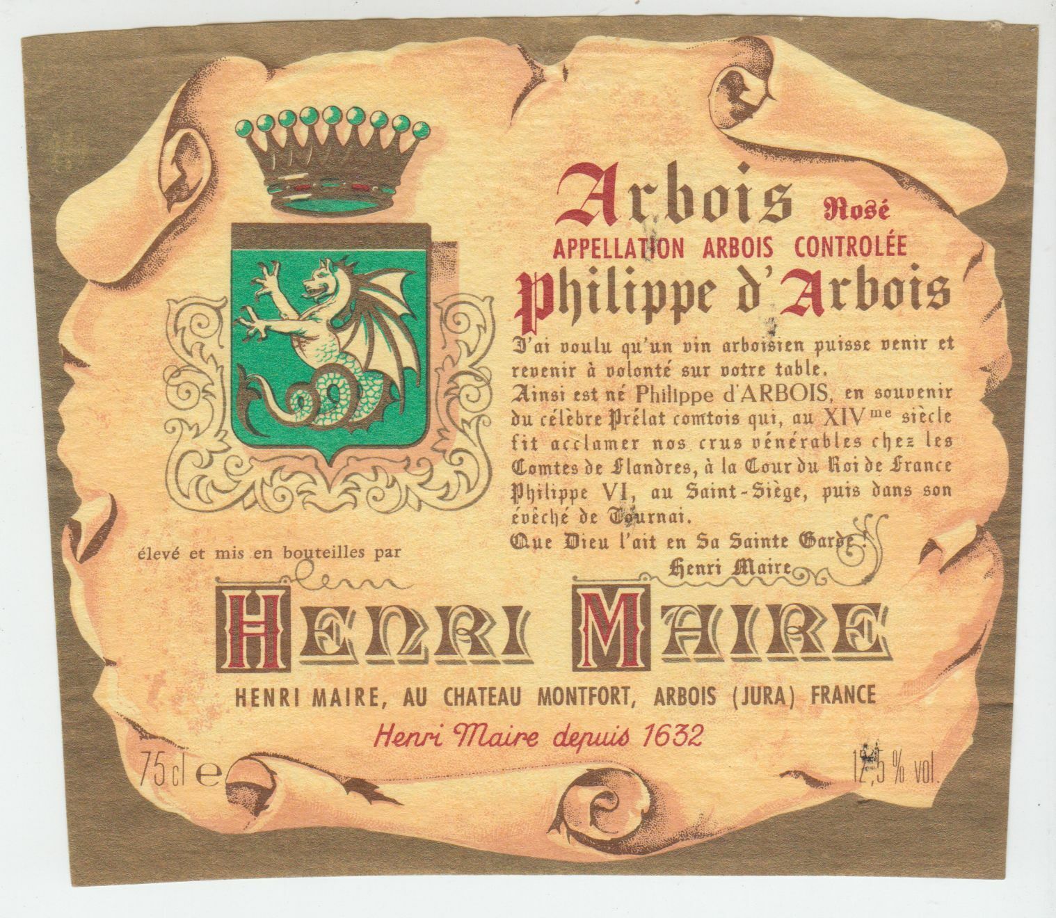 ETIQUETTE DE VIN ARBOIS HENRI MAIRE CHATEAU MONTFORT PHILIPPE D ARBOIS 124552112024