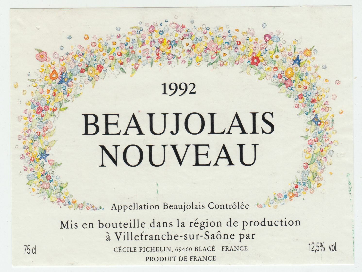 ETIQUETTE DE VIN BEAUJOLAIS NOUVEAU 1992 402695573044