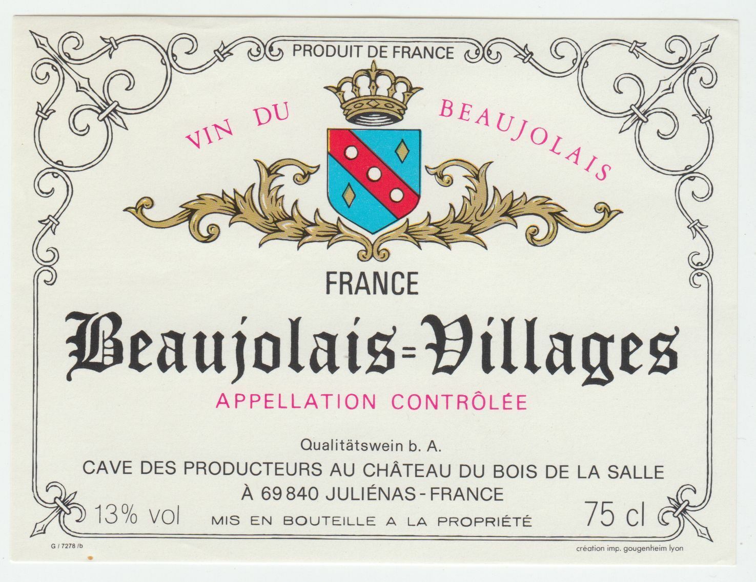 ETIQUETTE DE VIN BEAUJOLAIS VILLAGES CAVE DES PRODUCTEURS AU CHATEAU DU BOIS 124576538604