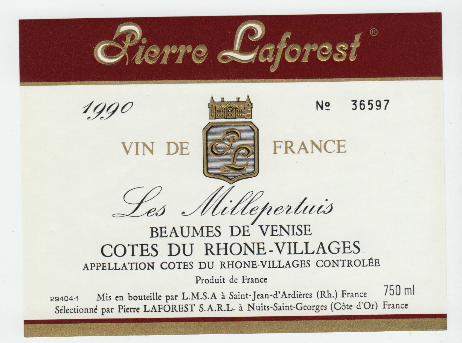 ETIQUETTE DE VIN BONS COTES DU RHONE 1990 PIERRE LAFOREST LES MILLEPERTUIS 124461947784