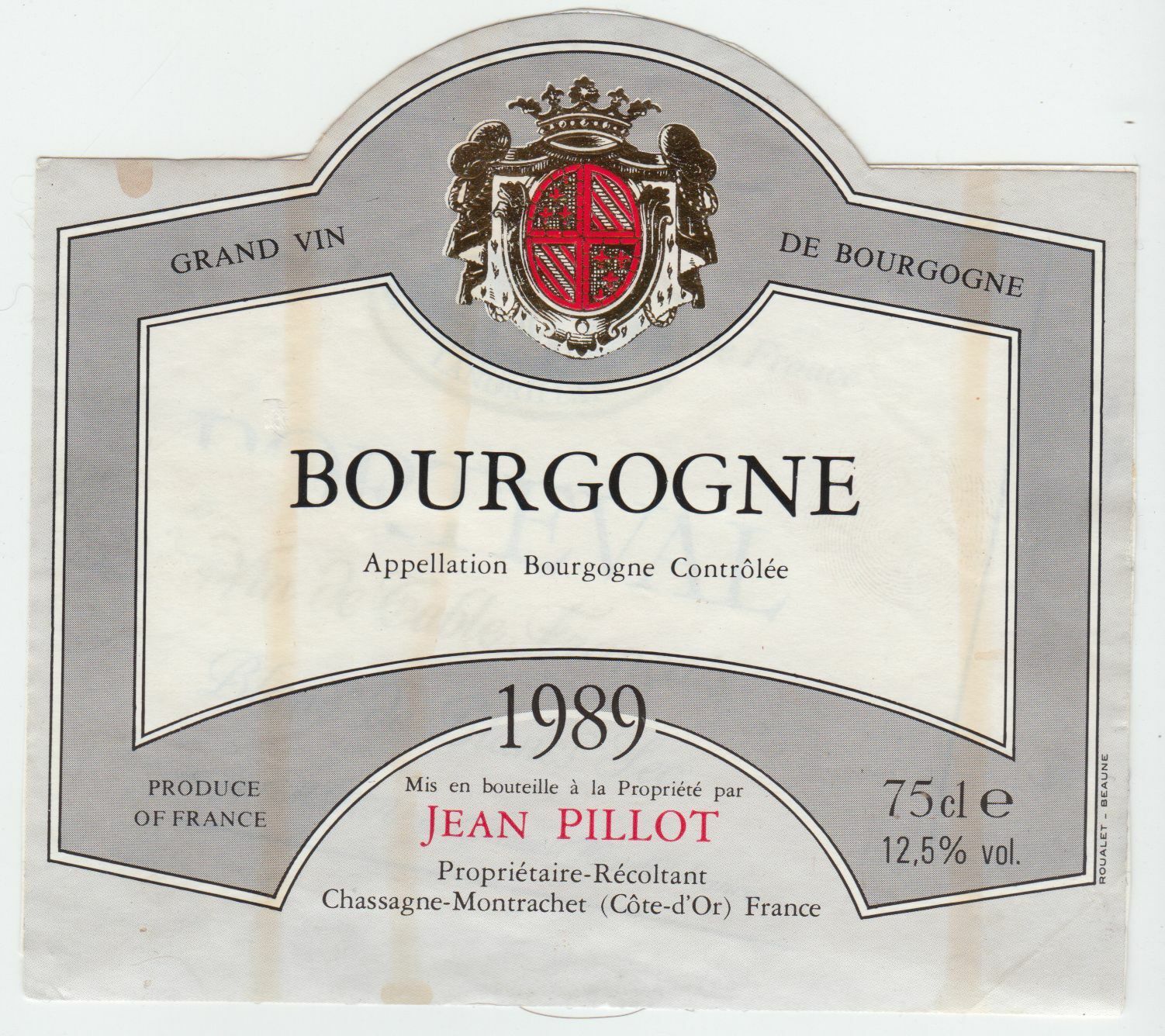 ETIQUETTE DE VIN BOURGOGNE 1989 JEAN PILLOT 402673357254