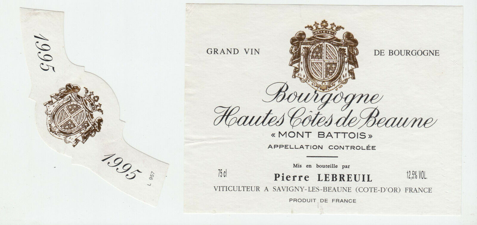 ETIQUETTE DE VIN BOURGOGNE HAUTES COTES DE BEAUNE 1995 MONT BATTOIS LEBREUIL 124555697064