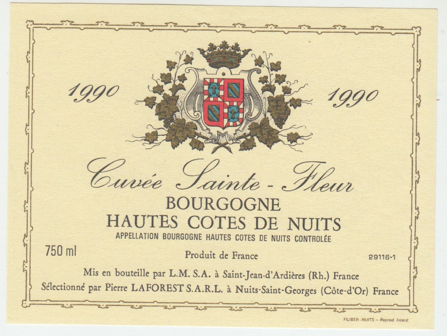 ETIQUETTE DE VIN BOURGOGNE HAUTES COTES DE NUITS 1990 CUVEE SAINTE FLEUR 402673357264