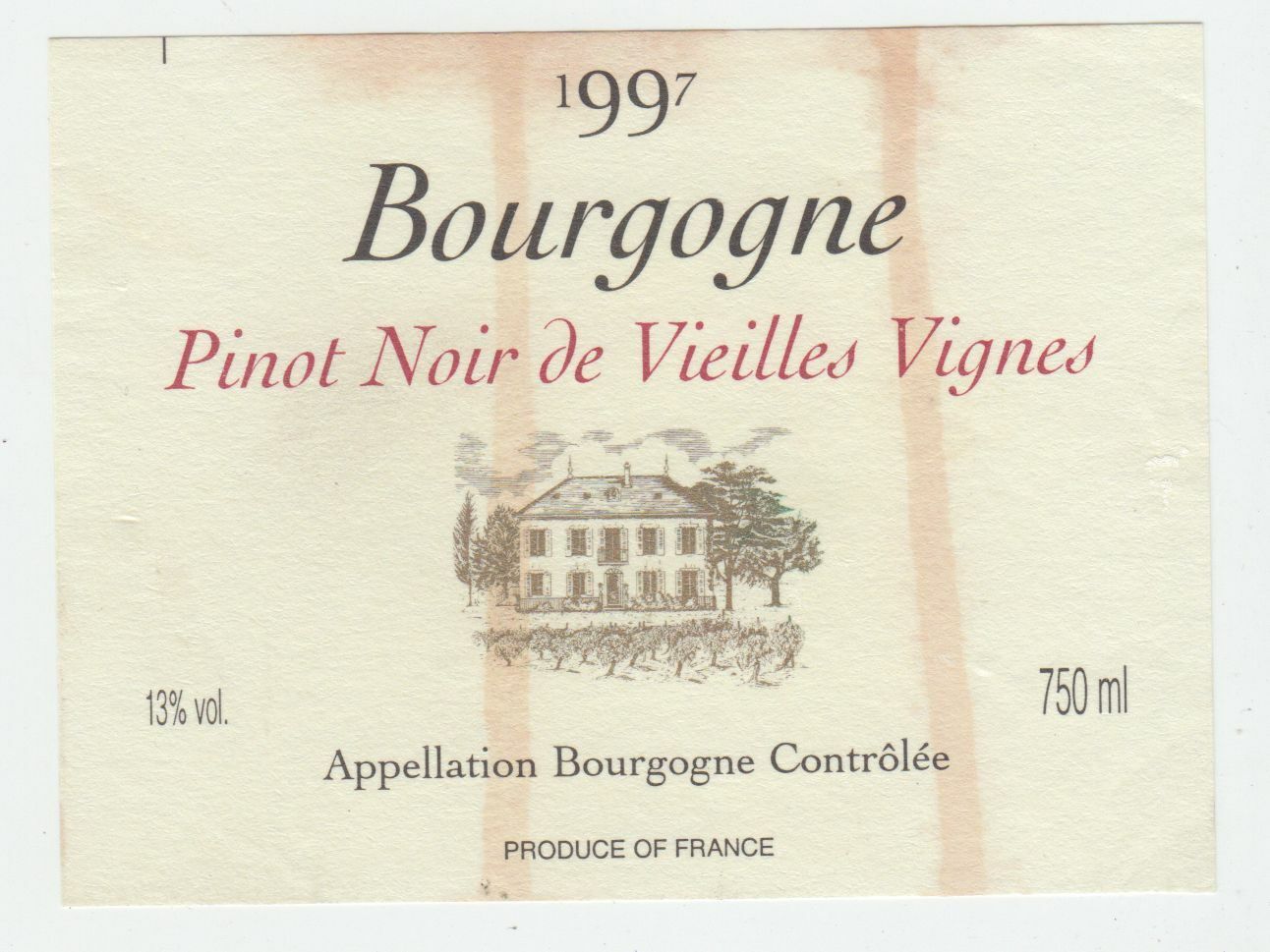 ETIQUETTE DE VIN BOURGOGNE PINOT NOIR DE VIEILLES VIGNES 1997 124555697084