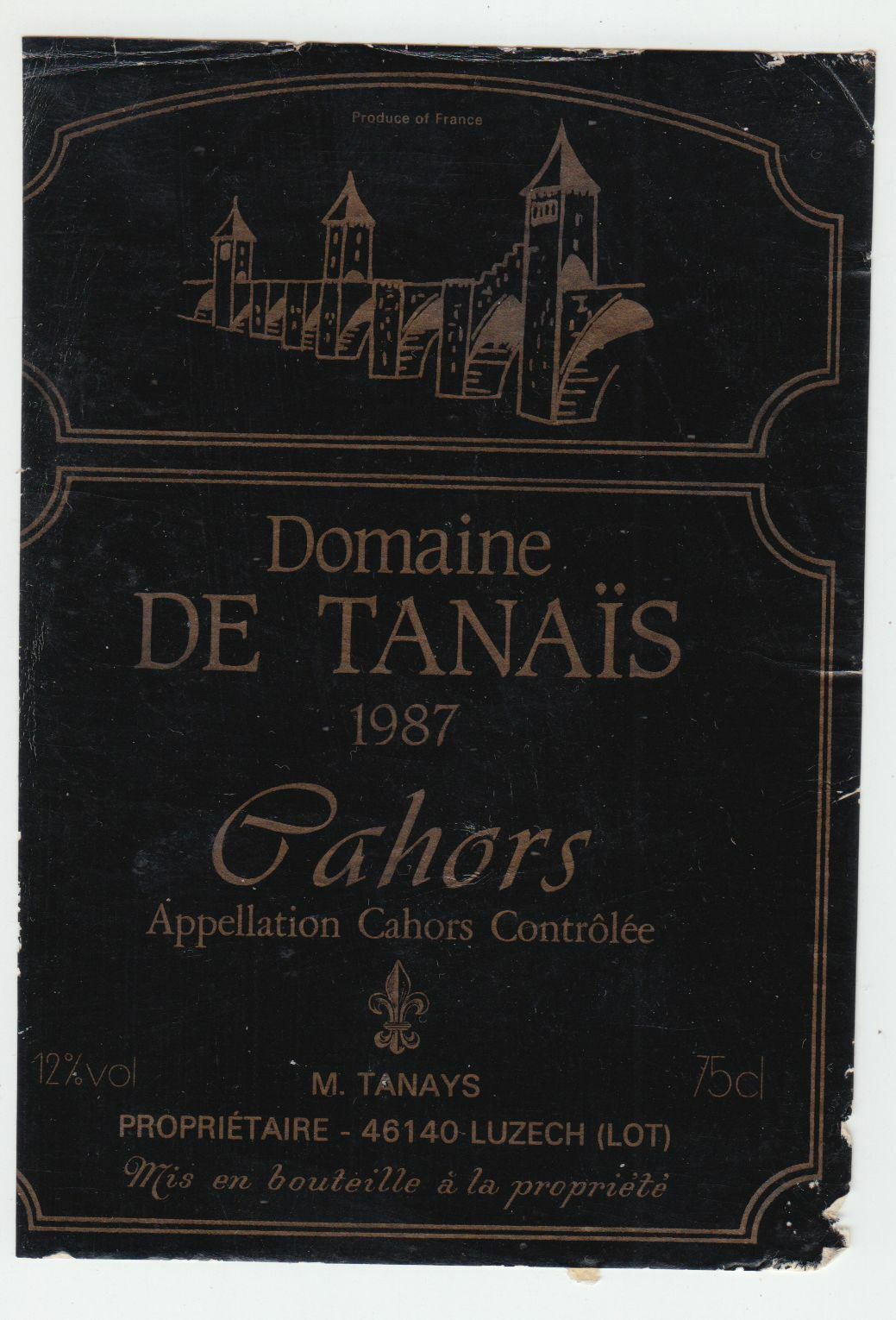 ETIQUETTE DE VIN CAHORS 1987 DOMAINE DE TANAIS 124552112034