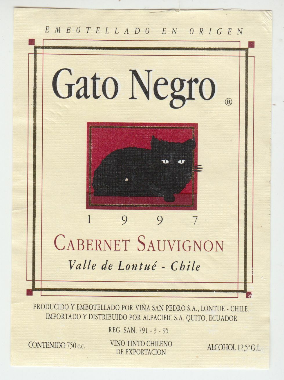 ETIQUETTE DE VIN CATO NEGRO CABERNET SAUVIGNON VALE DE LONTUE CBILE EQUATEUR 124438225774