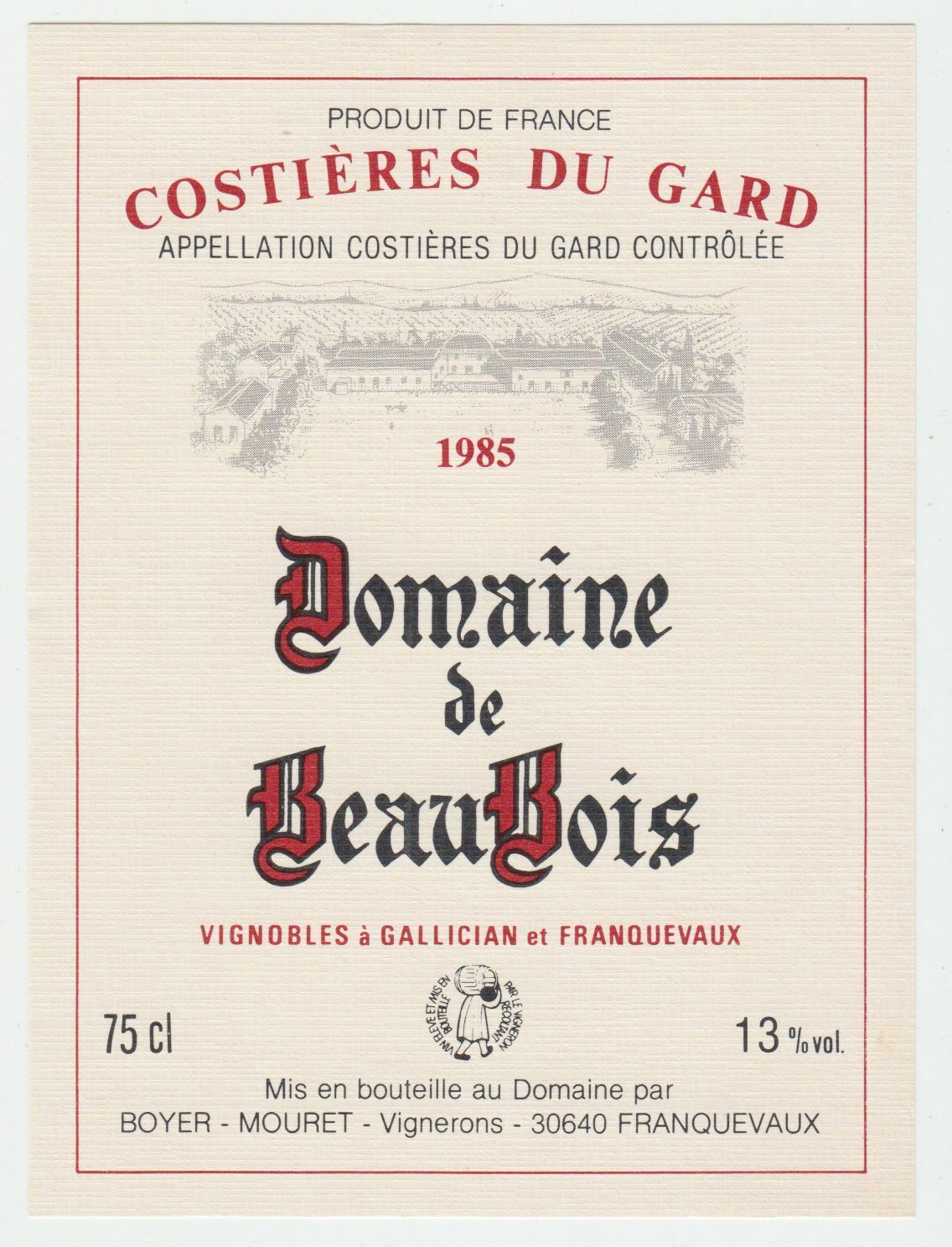 ETIQUETTE DE VIN COSTIERES DU GARD 1985 DOMAINE DE BEAUBOIS 124539262564