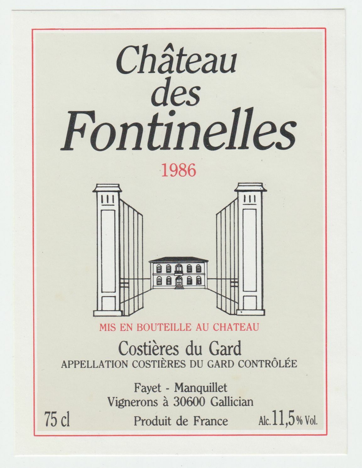 ETIQUETTE DE VIN COSTIERES DU GARD CHATEAU DES FONTINELLES 1986 124539262574