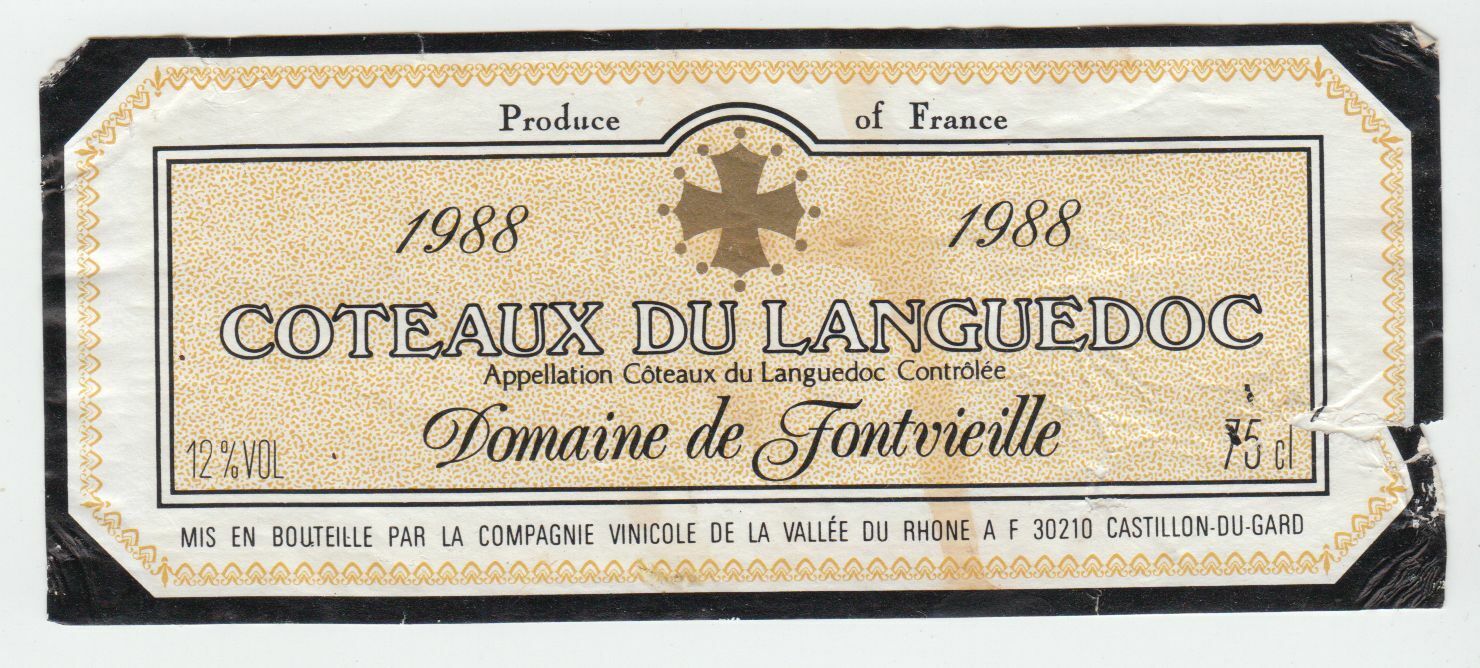 ETIQUETTE DE VIN COTEAUX DU LANGUEDOC DOMAINE DE FONTVIEILLE 1988 124511871014