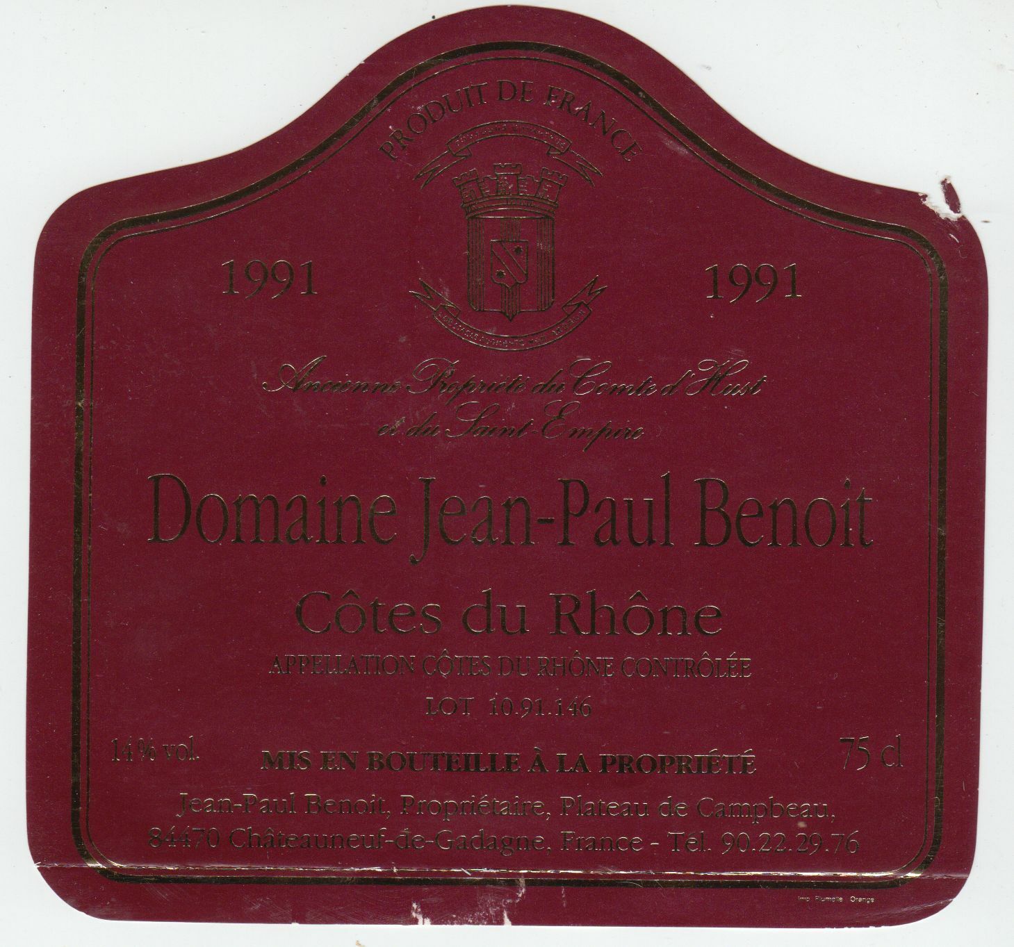 ETIQUETTE DE VIN COTES DU RHONE 1991 DOMAINE JEAN PAUL BENOIT 124461944614