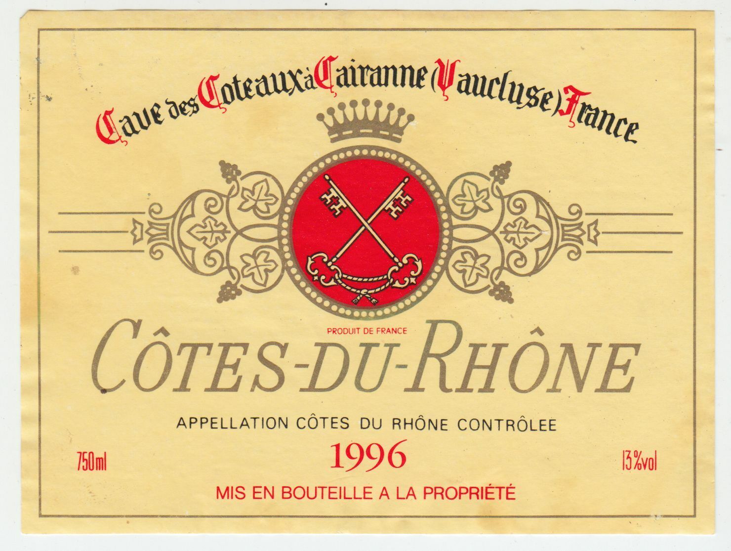 ETIQUETTE DE VIN COTES DU RHONE 96 CAVE DES COTEAUX A CAIRANNE 402581823754