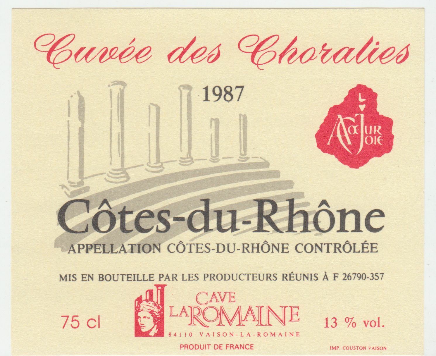 ETIQUETTE DE VIN COTES DU RHONE CUVEE DES CHORALIES 1987 124461944694