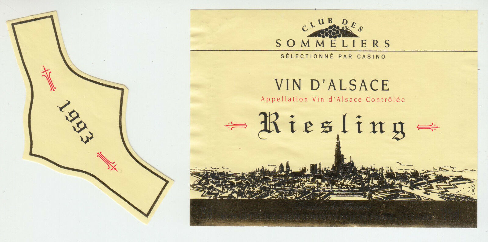 ETIQUETTE DE VIN D ALSACE RIESLING 1993 CLUB DES SOMMELIER 402631696664