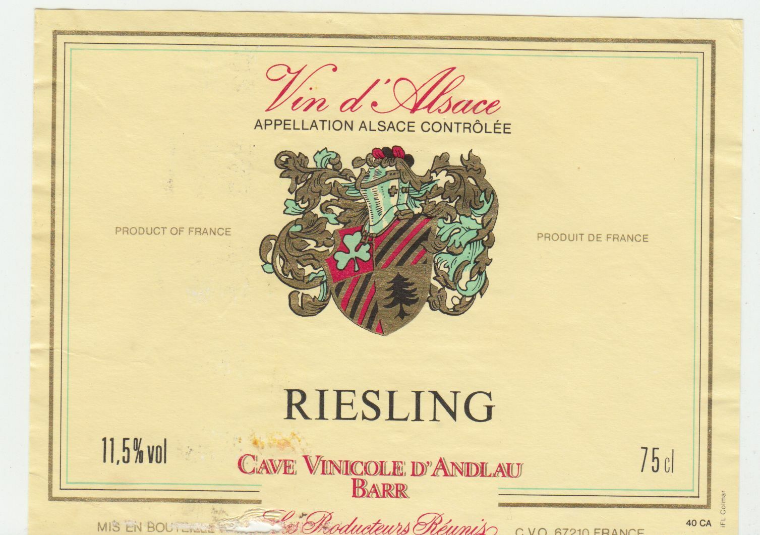 ETIQUETTE DE VIN D ALSACE RIESLING CAVE VINIVOLE D ANDLAU BARR 402631696674