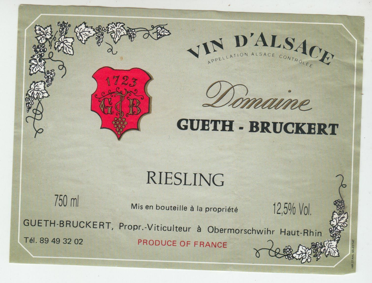 ETIQUETTE DE VIN D ALSACE RIESLING DEPUIS 1723 GUETH BRUCKERT 124511869314