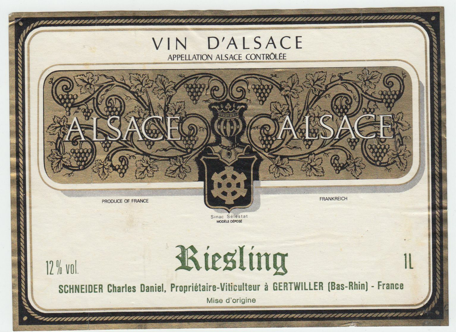 ETIQUETTE DE VIN D ALSACE RIESLING SCHNEIDER CHARLES DANIEL 402631696644