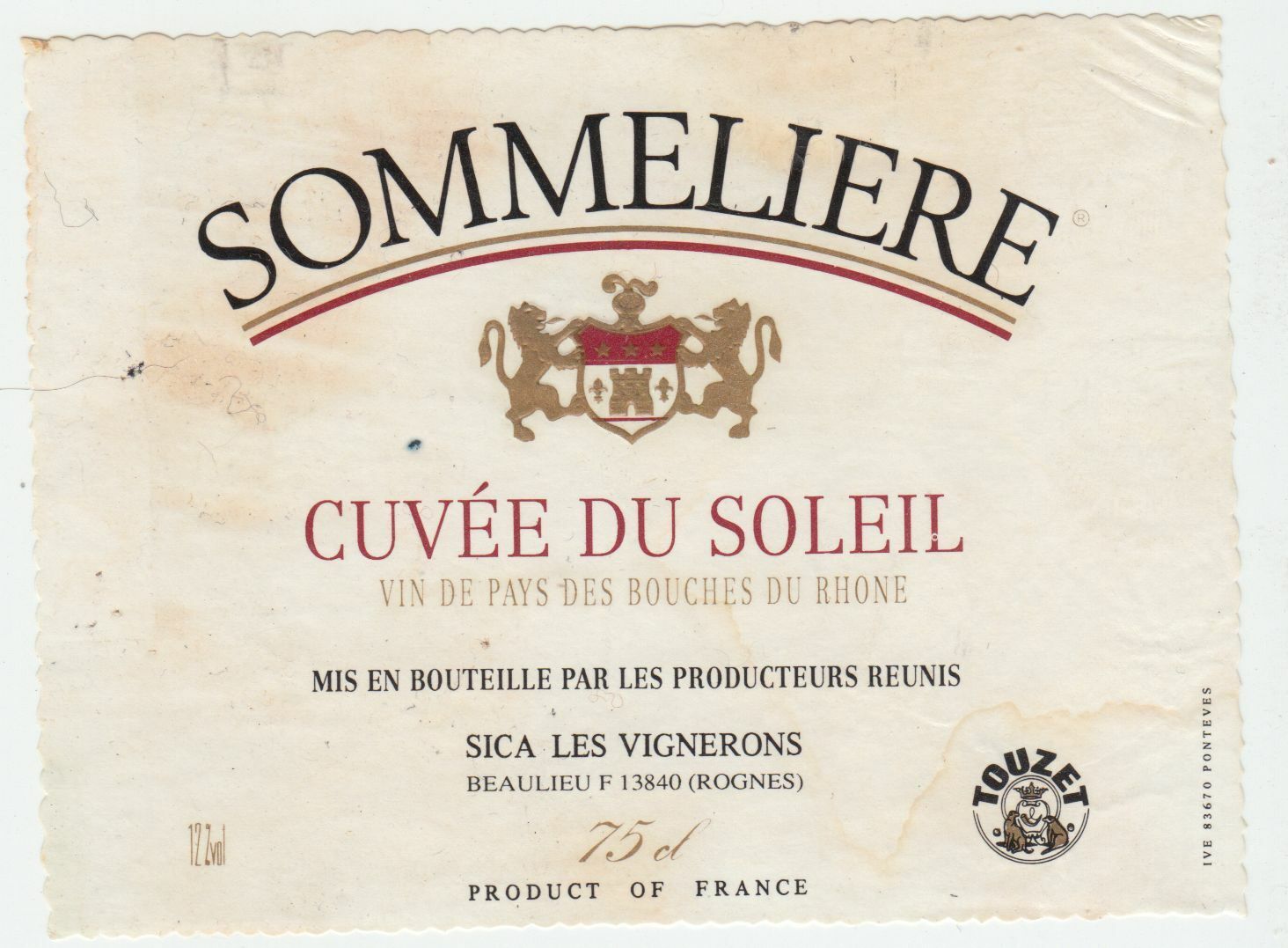 ETIQUETTE DE VIN DE PAYS DES BOUCHES DU RHONE CUVEE DU SOLEIL SOMMELIERE 402689167294