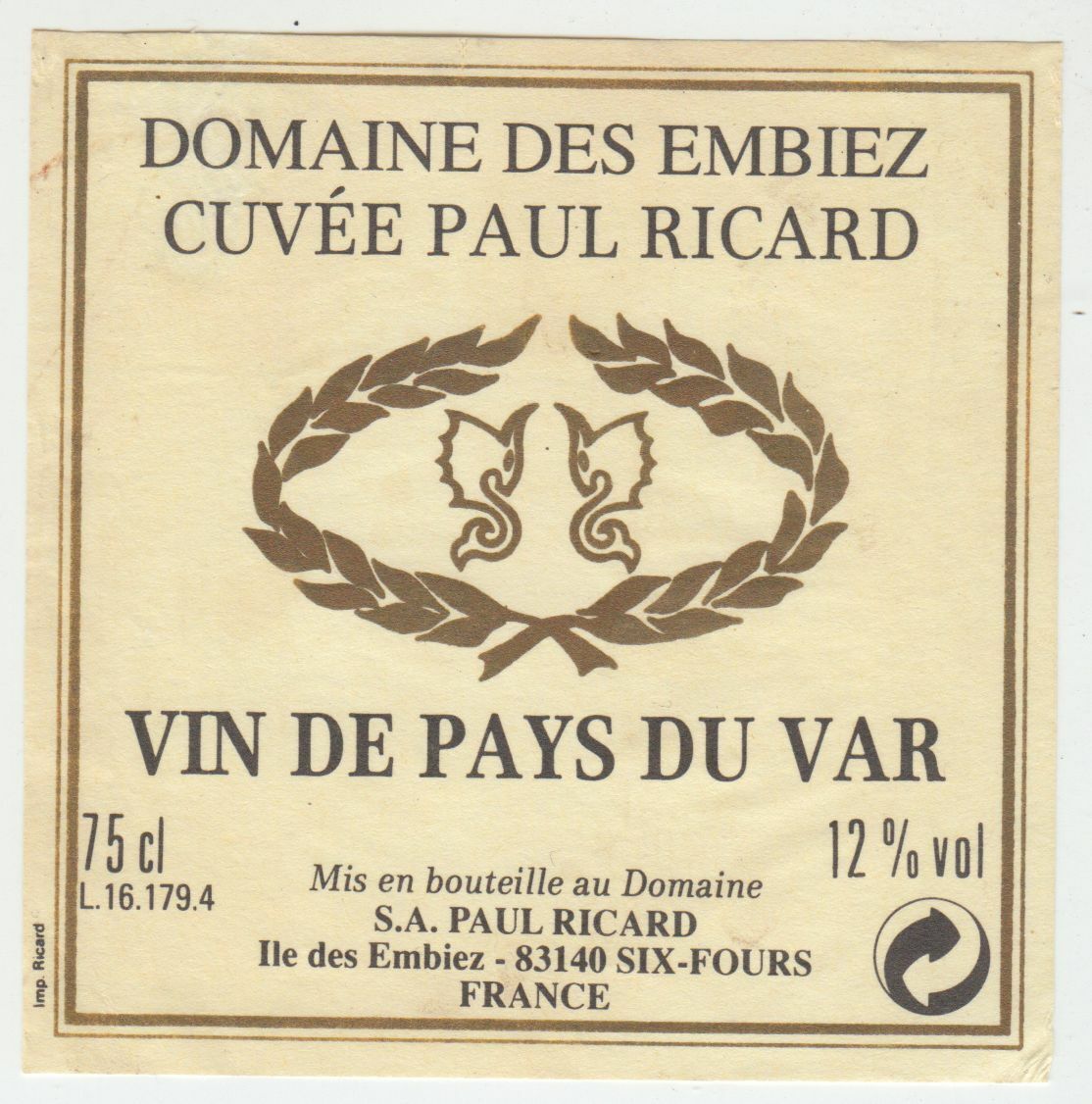 ETIQUETTE DE VIN DE PAYS DU VAR CUVEE PAUL RICARD ILE DES EMBIEZ 402687606154