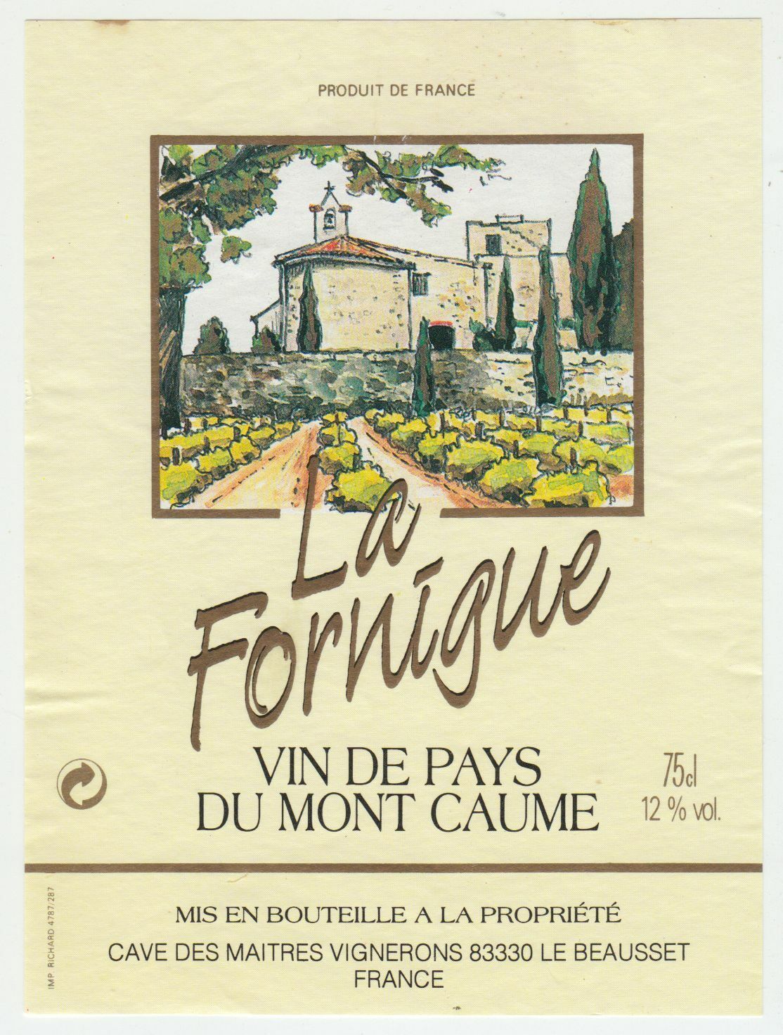 ETIQUETTE DE VIN DU MONT CAUME LA FORNIGUE LE BEAUSSET 124570864104