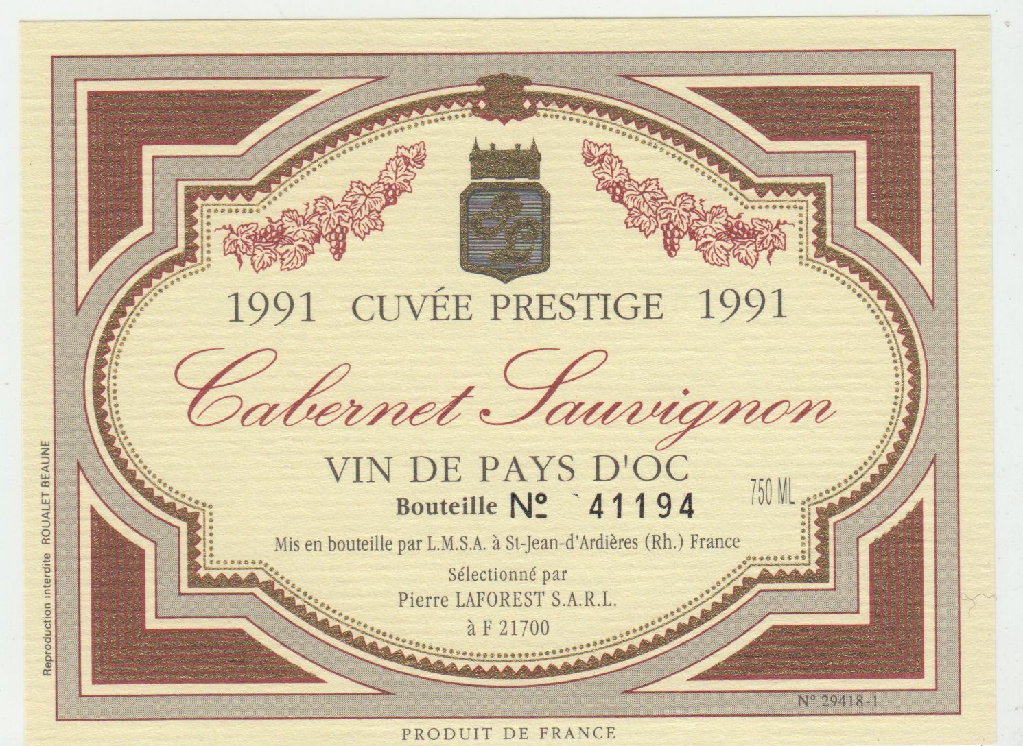 ETIQUETTE DE VIN DU PAYS D OC 1991 CUVEE PRESTIGE CABERNET SAUVIGNON NUMEROTE 402690973614