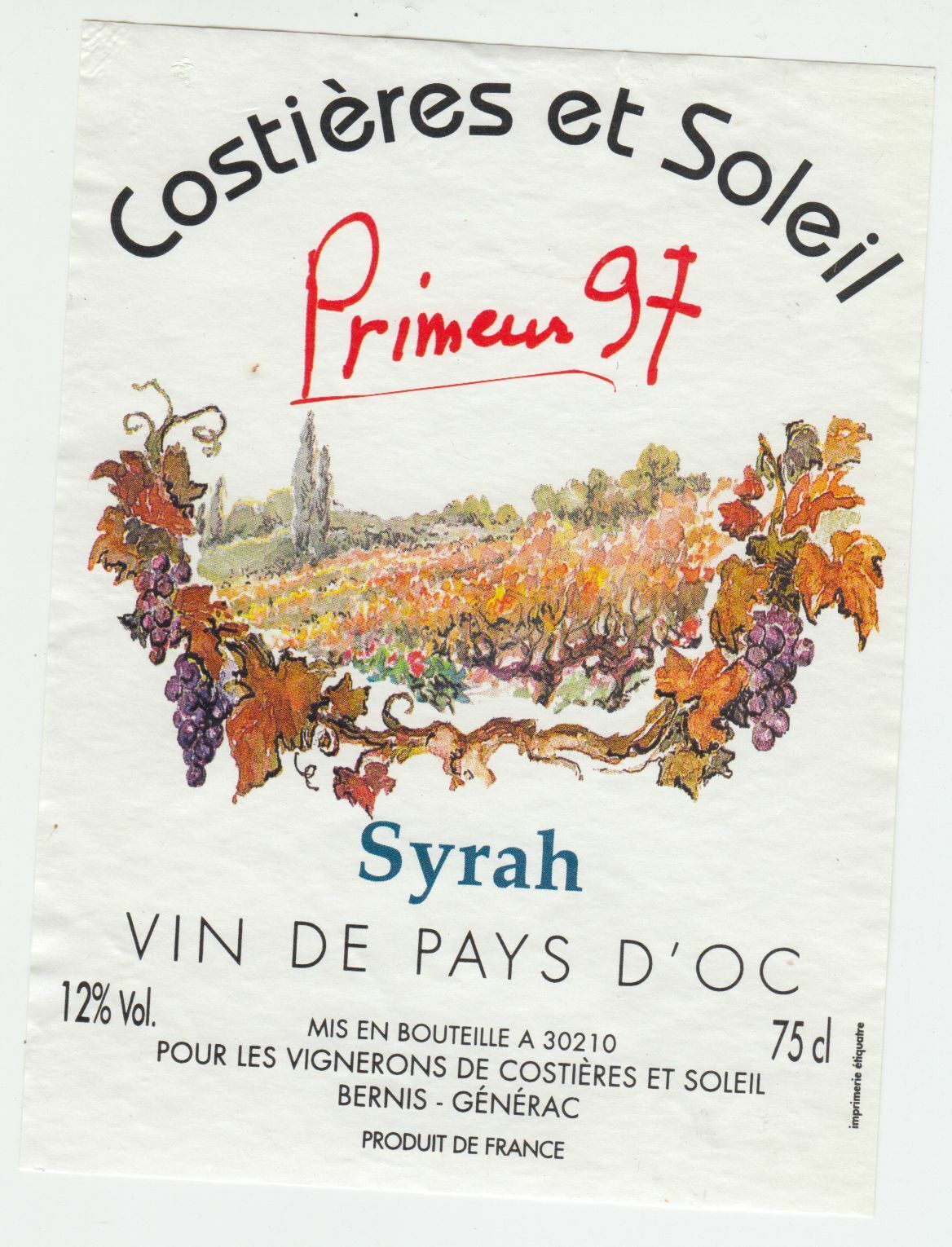 ETIQUETTE DE VIN DU PAYS D OC 1997 PRIMEUR COSTIERES ET SOLEIL SYRAH 124572490044