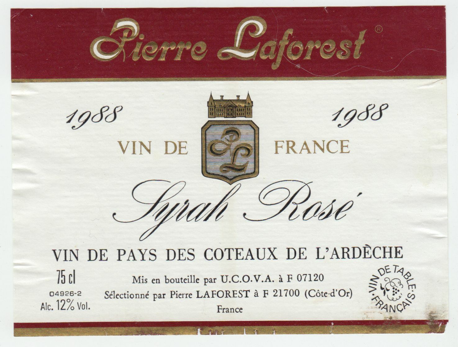 ETIQUETTE DE VIN DU PAYS DES COTEAUX DE L ARDECHE 1988 SYRAH ROSE 124576538574