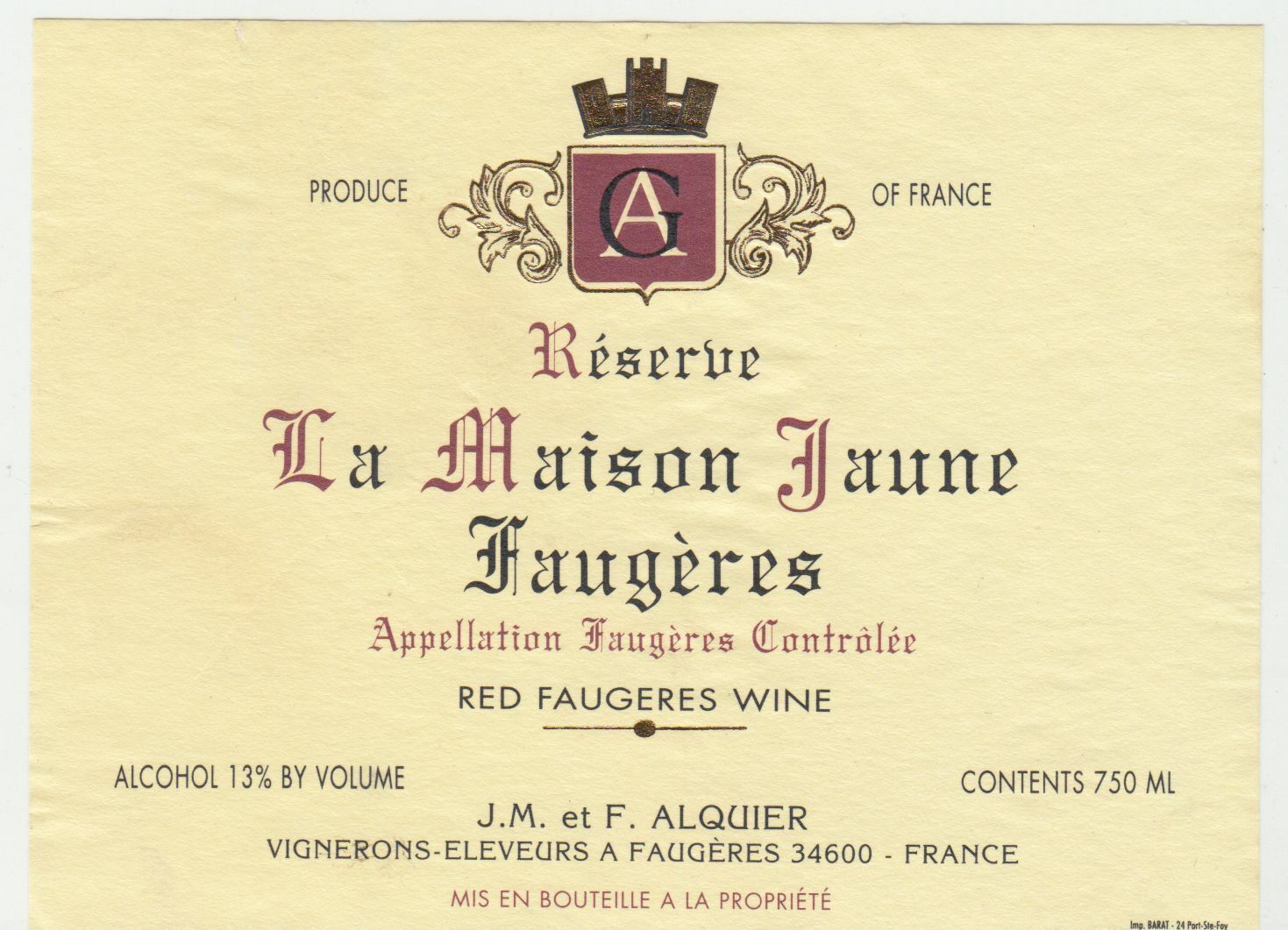 ETIQUETTE DE VIN FAUGERES LA MAISON JAUNE FAUGERES ALQUIER 402654737204