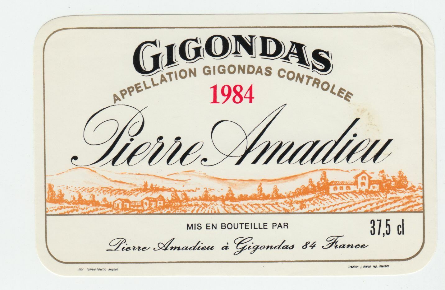 ETIQUETTE DE VIN GIGONDAS 1984 PIERRE AMADIEU 124461947794