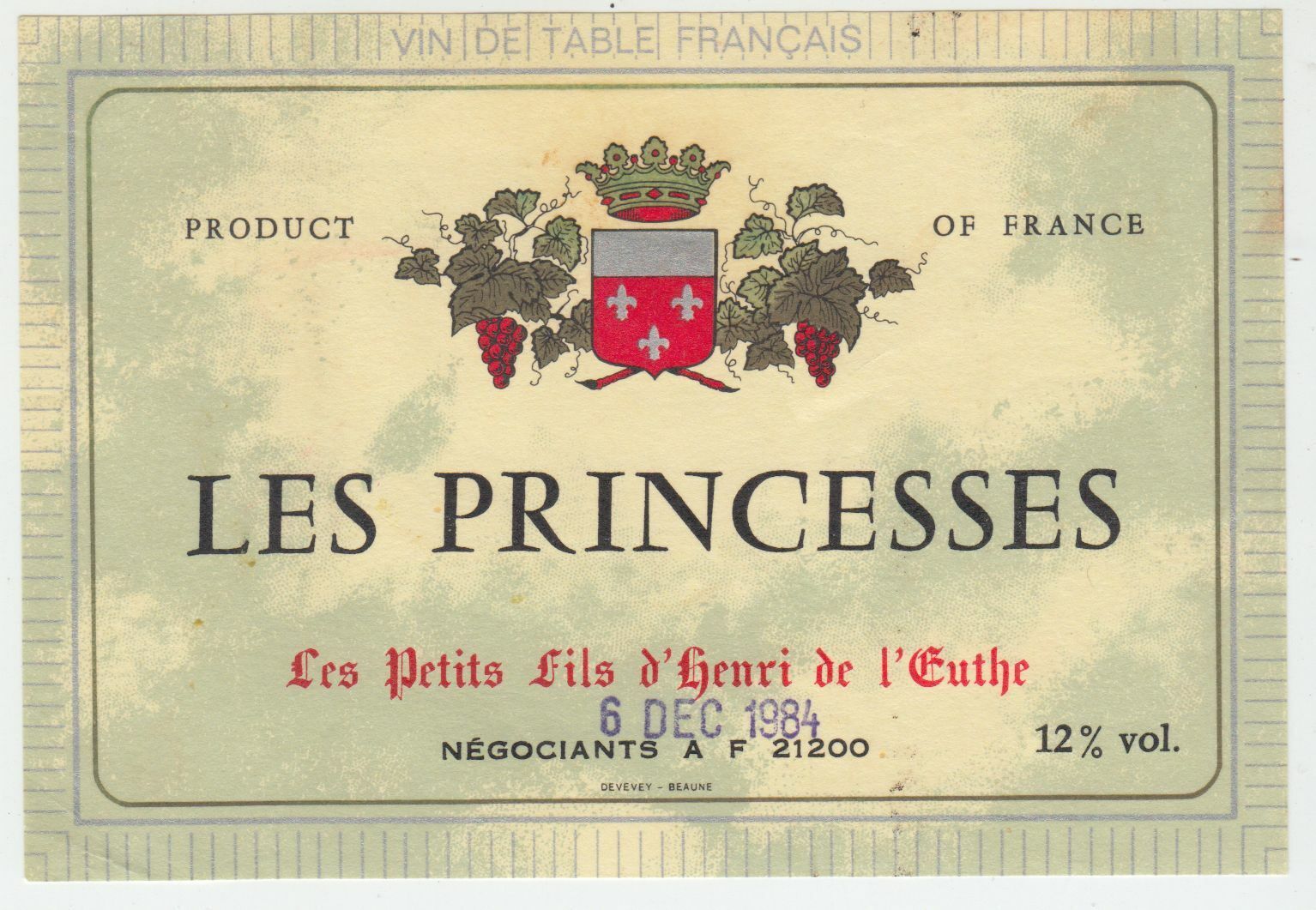 ETIQUETTE DE VIN LES PRINCESSES 1984 LES PETITS FILS D HENRI DE L EUTHE 402553006664