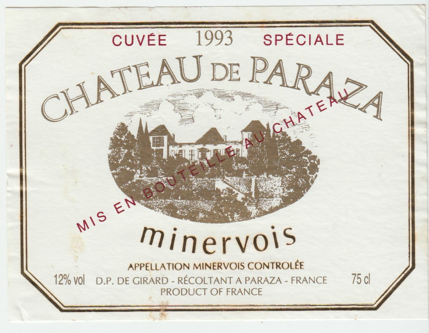 ETIQUETTE DE VIN MINERVOIS CHATEAU DE PARAZA 1993 124511871034