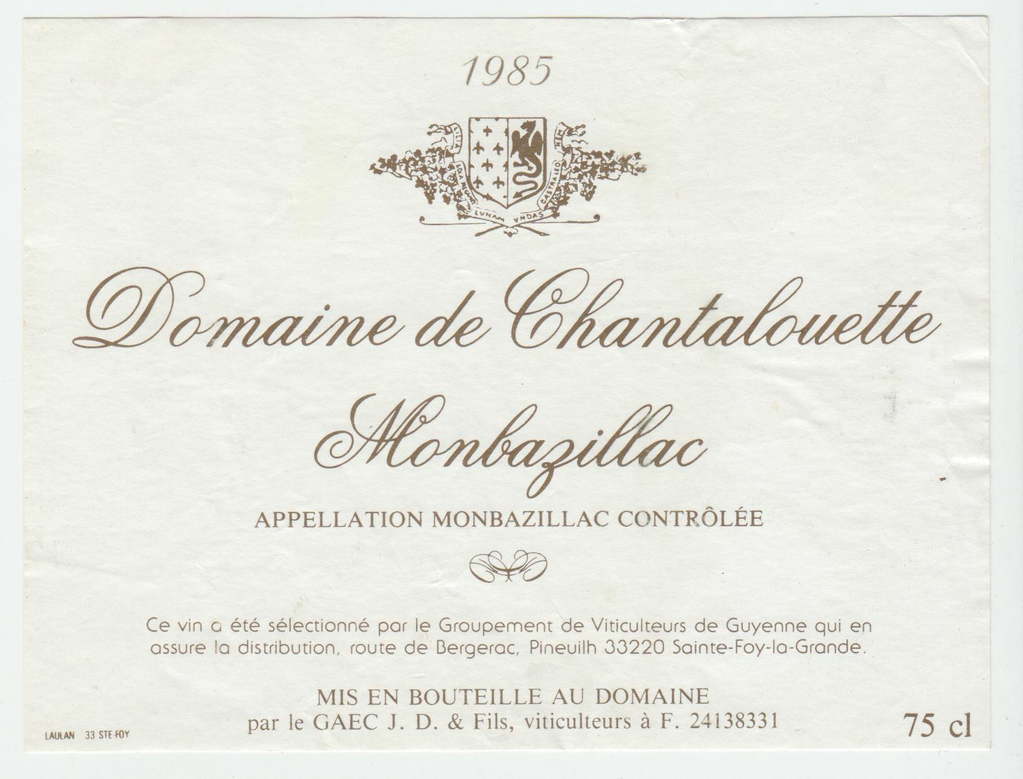 ETIQUETTE DE VIN MONBAZILLAC DOMAINE DE CHANTALOUETTE 1985 124539262524